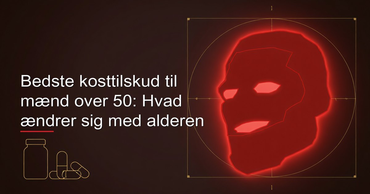 Kosttilskud til mænd over 50 — D-vitamin, B12, omega-3, magnesium, calcium og CoQ10 arrangeret på en ren overflade