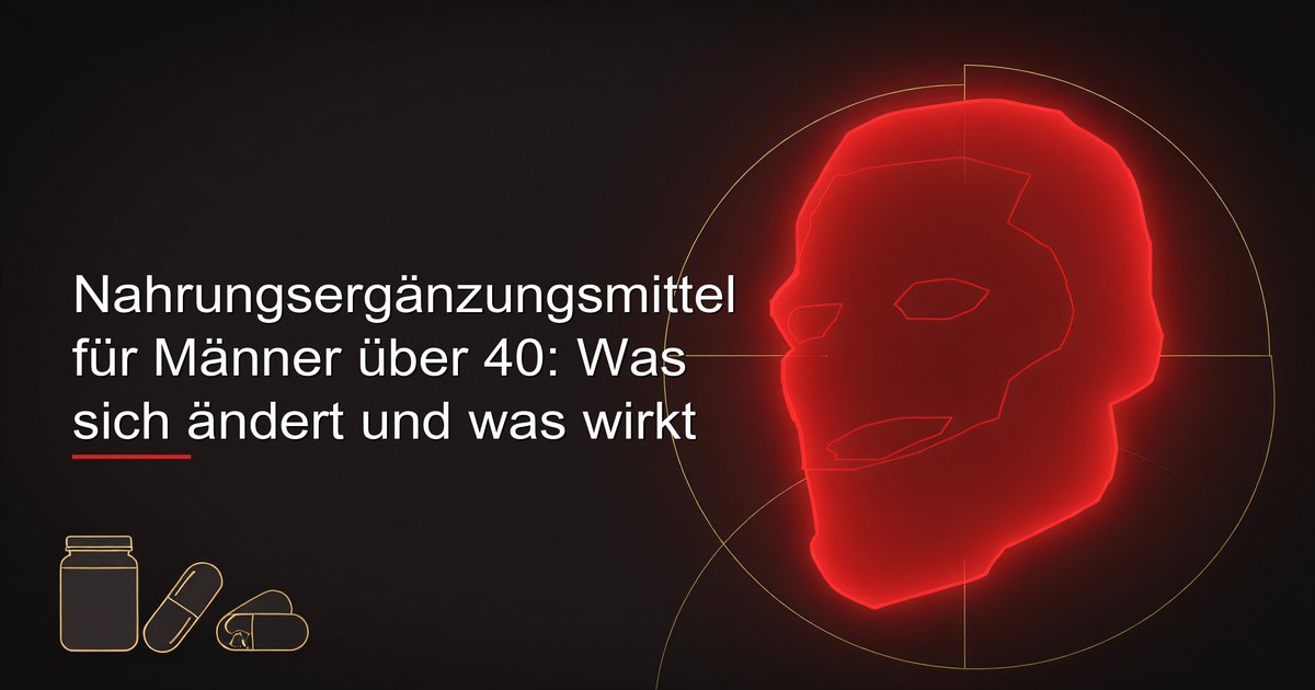 Nahrungsergänzungsmittel für Männer über 40 — Vitamin D, Omega-3, Magnesium und andere gezielte Nährstoffe auf einer sauberen Oberfläche arrangiert