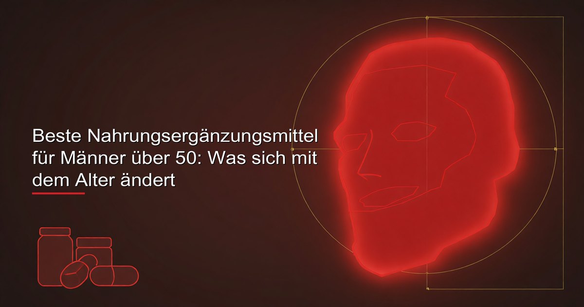 Nahrungsergänzungsmittel für Männer über 50 — Vitamin D, B12, Omega-3, Magnesium, Calcium und CoQ10 auf einer sauberen Oberfläche angeordnet