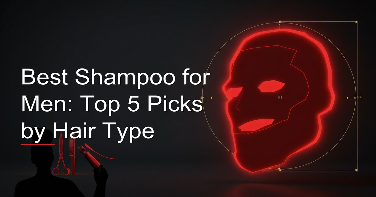 Assortment of men's shampoo bottles arranged by hair type — thinning, dandruff, oily, dry, and normal