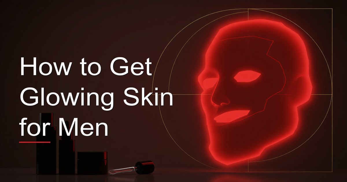 Man with healthy glowing skin looking in the mirror after his morning skincare routine
