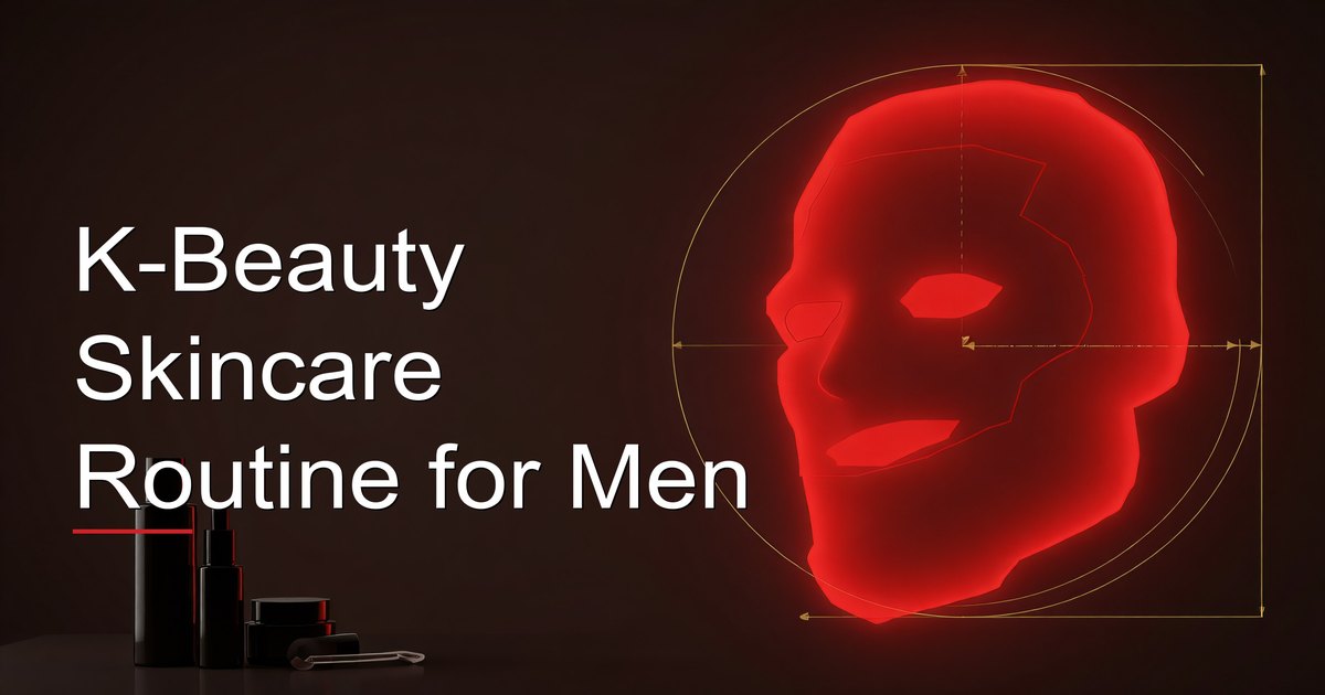 Man following a K-beauty skincare routine with multiple Korean skincare products arranged on a counter