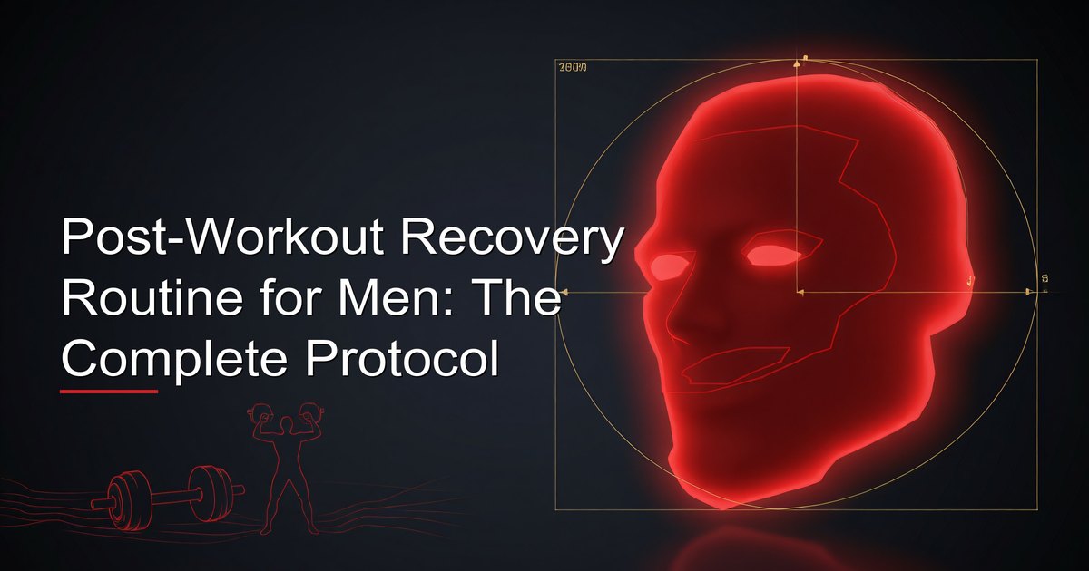 Post-workout recovery routine for men: complete protocol showing nutrition timing, sleep optimization, active recovery, supplement stack, and recovery timeline
