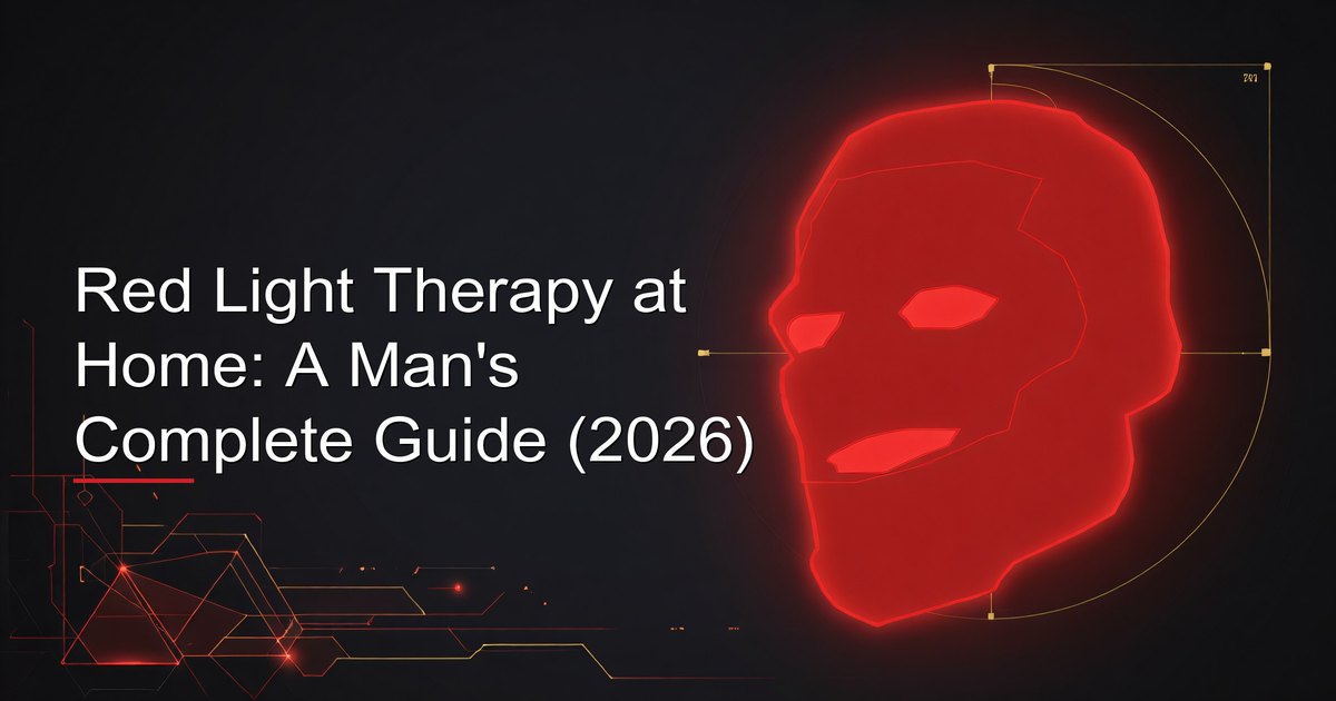 Man using a red light therapy panel at home as part of his skincare routine