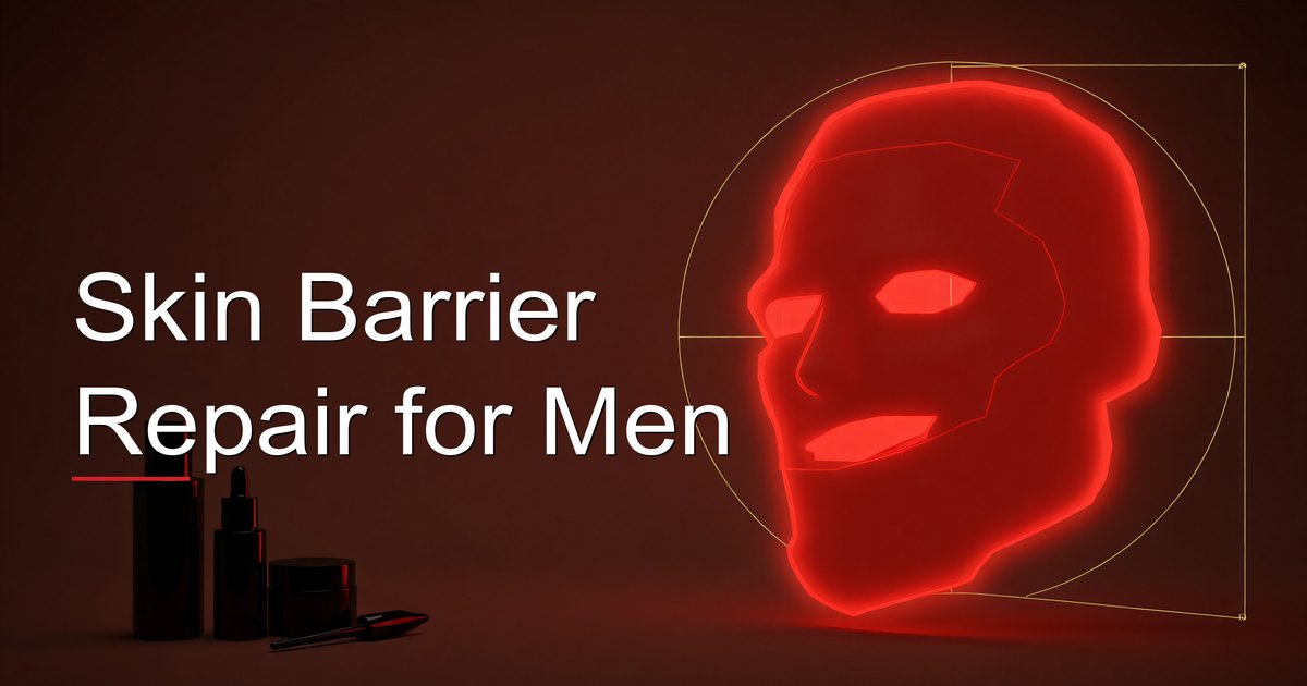 Man examining his skin for signs of barrier damage in the mirror