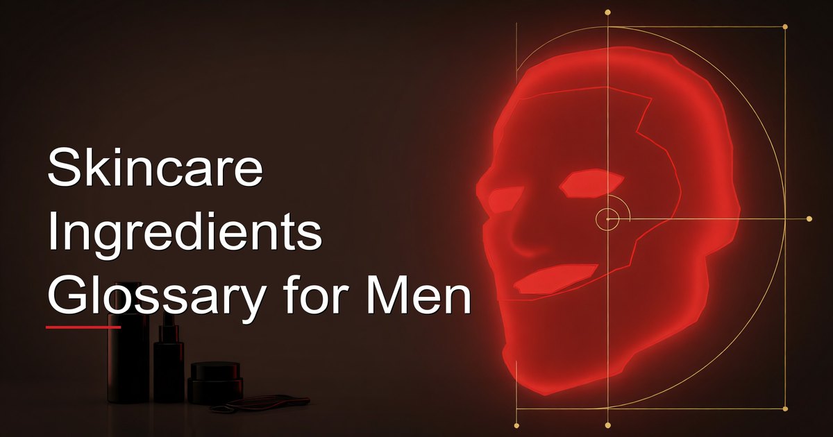 Skincare ingredients glossary for men showing ingredient bottles and labels
