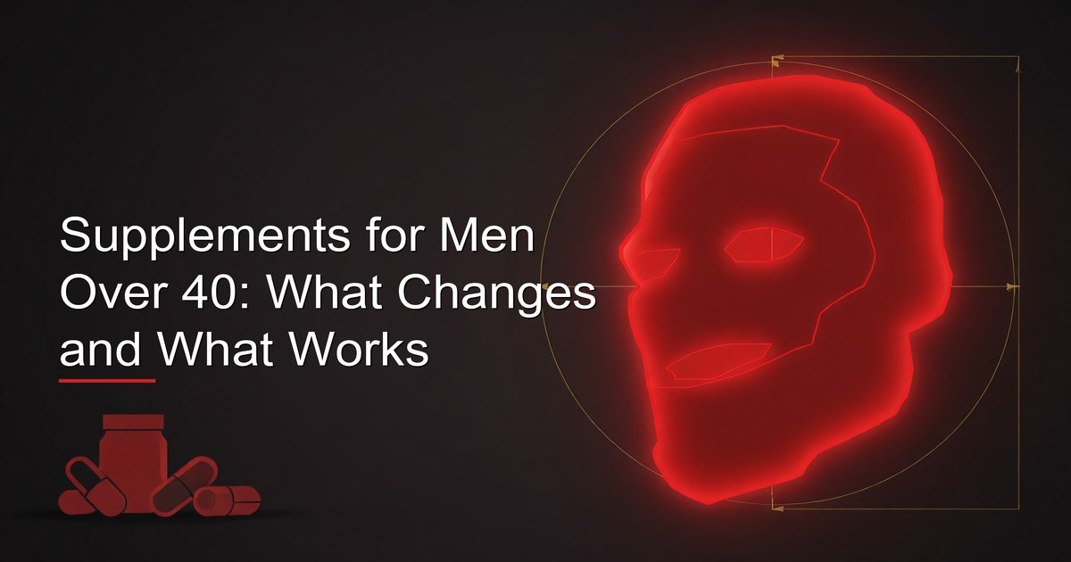 Supplements for men over 40 — vitamin D, omega-3, magnesium, and other targeted nutrients arranged on a clean surface