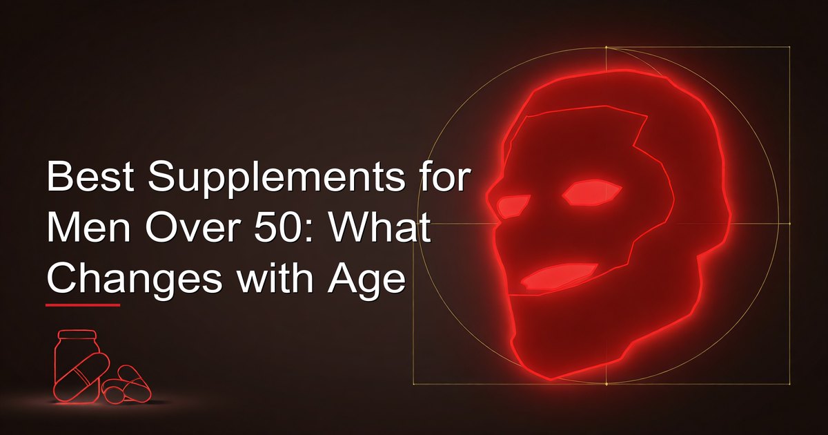 Supplements for men over 50 — vitamin D, B12, omega-3, magnesium, calcium, and CoQ10 arranged on a clean surface
