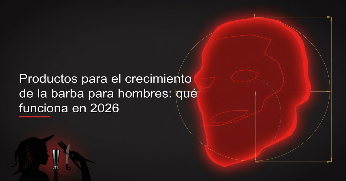 Hombre examinando productos para el crecimiento de la barba incluyendo aceites, sueros y un dermaroller