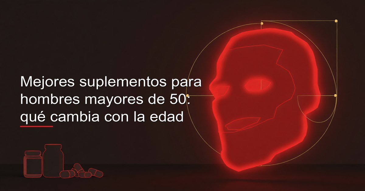 Suplementos para hombres mayores de 50 — vitamina D, B12, omega-3, magnesio, calcio y CoQ10 sobre una superficie limpia