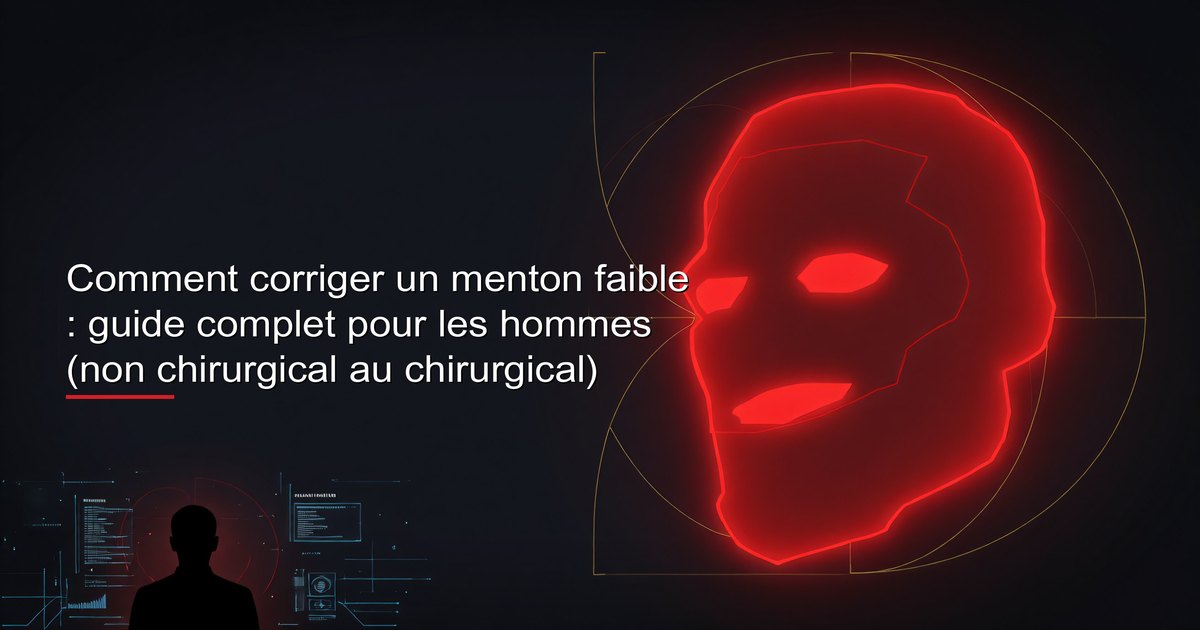 Guide expliquant comment corriger un menton fuyant chez l’homme, avec coiffage, exercices, injections et chirurgie