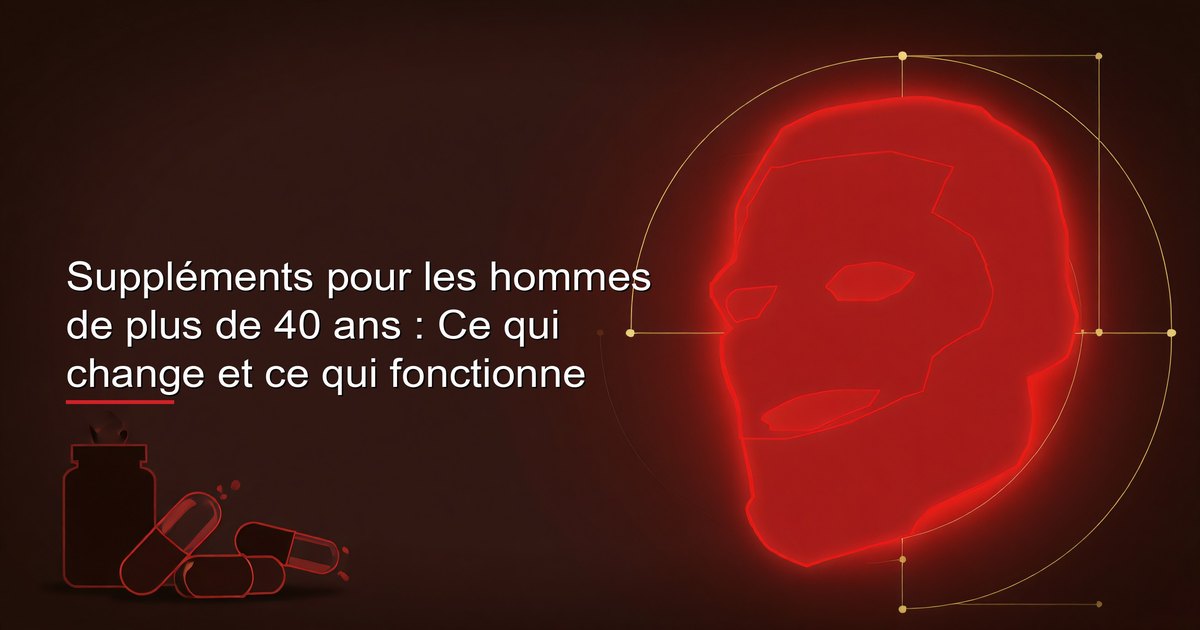 Suppléments pour les hommes de plus de 40 ans — vitamine D, oméga-3, magnésium et autres nutriments ciblés disposés sur une surface propre