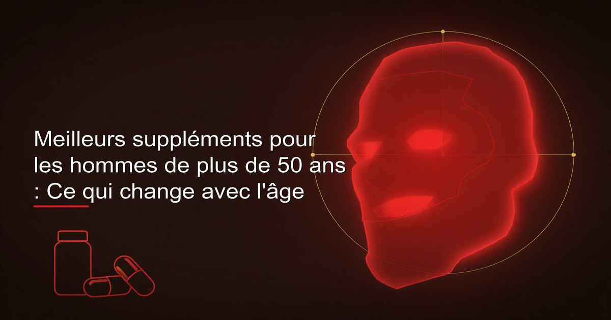 Suppléments pour les hommes de plus de 50 ans — vitamine D, B12, oméga-3, magnésium, calcium et CoQ10 disposés sur une surface propre
