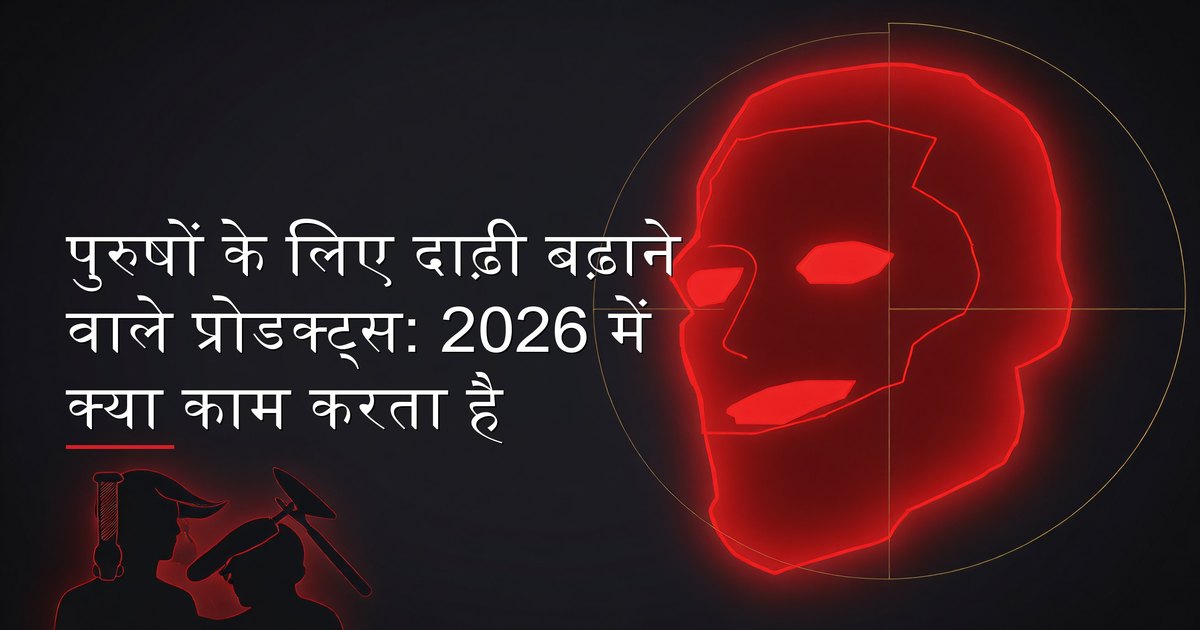 दाढ़ी बढ़ाने वाले प्रोडक्ट्स जिनमें तेल, सीरम, और dermaroller शामिल हैं, का निरीक्षण करता हुआ पुरुष