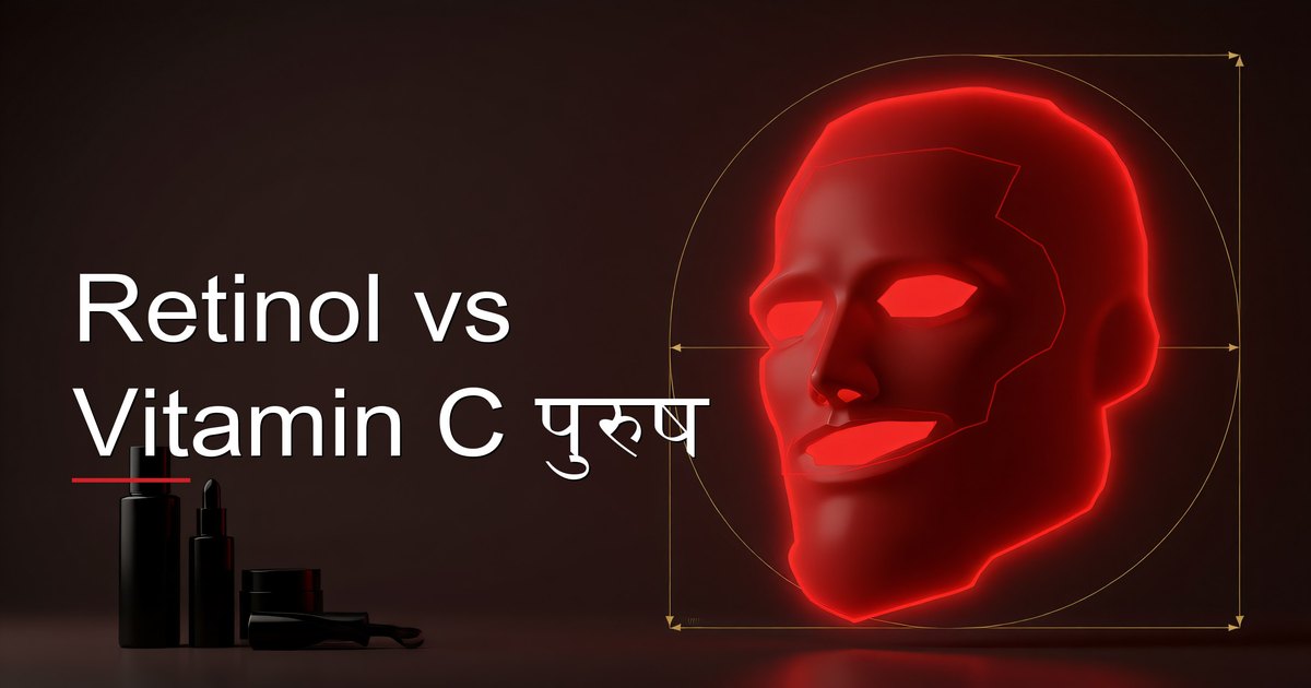 Retinol serum और vitamin C serum साथ-साथ, पुरुषों के लिए स्किनकेयर तुलना दर्शाते हुए
