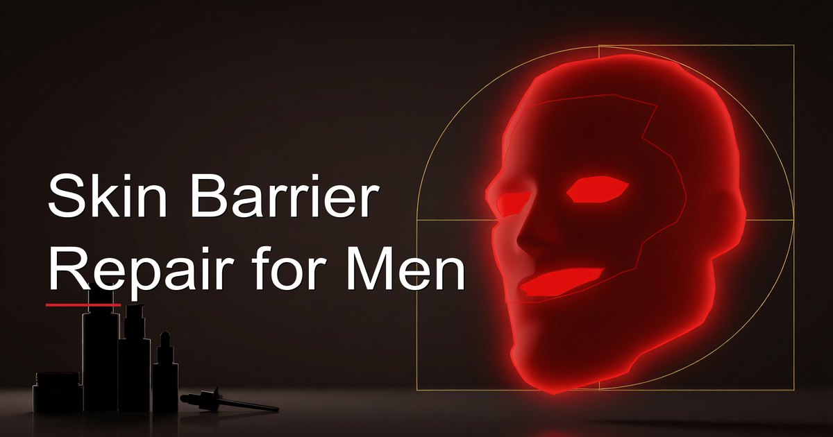 आईने में skin barrier नुकसान के संकेतों के लिए अपनी त्वचा जांचता पुरुष