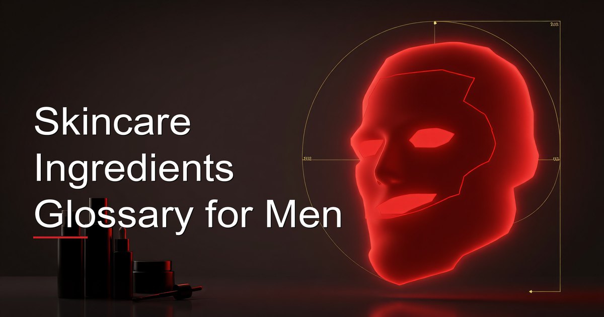 तत्वों की बोतलें और लेबल दिखाती पुरुषों के लिए skincare तत्व शब्दावली
