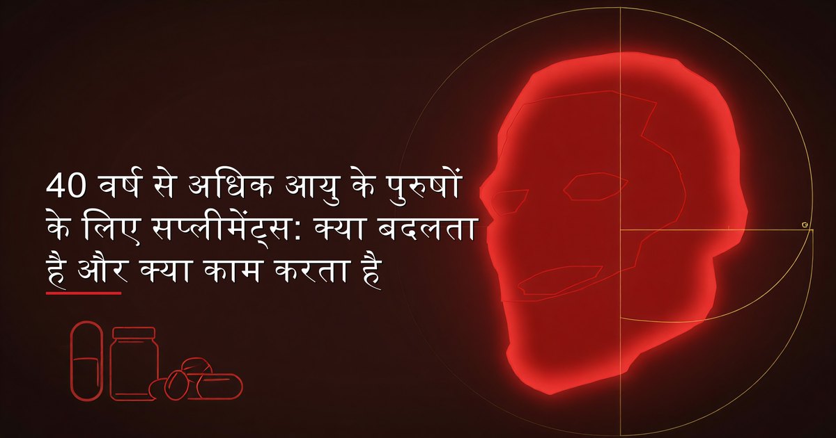 40 वर्ष से अधिक आयु के पुरुषों के लिए सप्लीमेंट्स — विटामिन डी, ओमेगा-3, मैग्नीशियम और अन्य लक्षित पोषक तत्व एक साफ सतह पर व्यवस्थित