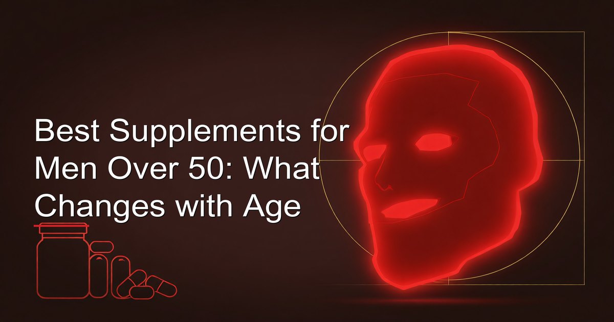 50 से ऊपर के पुरुषों के लिए सप्लीमेंट्स — साफ सतह पर सजे vitamin D, B12, omega-3, magnesium, calcium और CoQ10