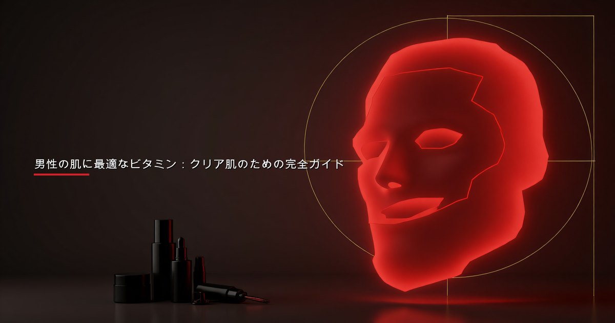 男性の肌の健康に最適なビタミンを示す、ビタミン豊富な食品とサプリメントのイメージ