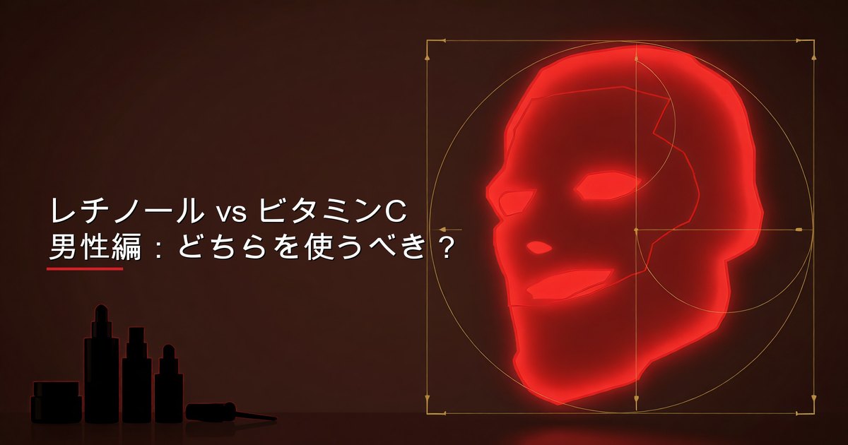 レチノールセラムとビタミンCセラムを並べて比較する男性用スキンケアのイラスト