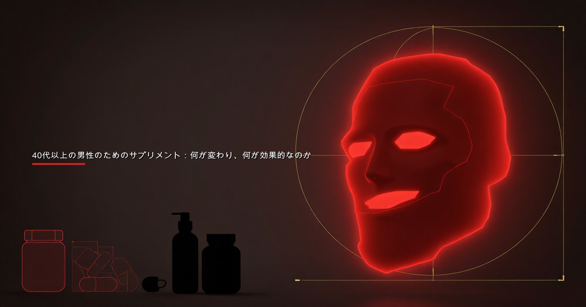 40代以上の男性のための栄養素 — ビタミンD、オメガ3、マグネシウムその他のターゲット栄養素が綺麗な面に並んでいる