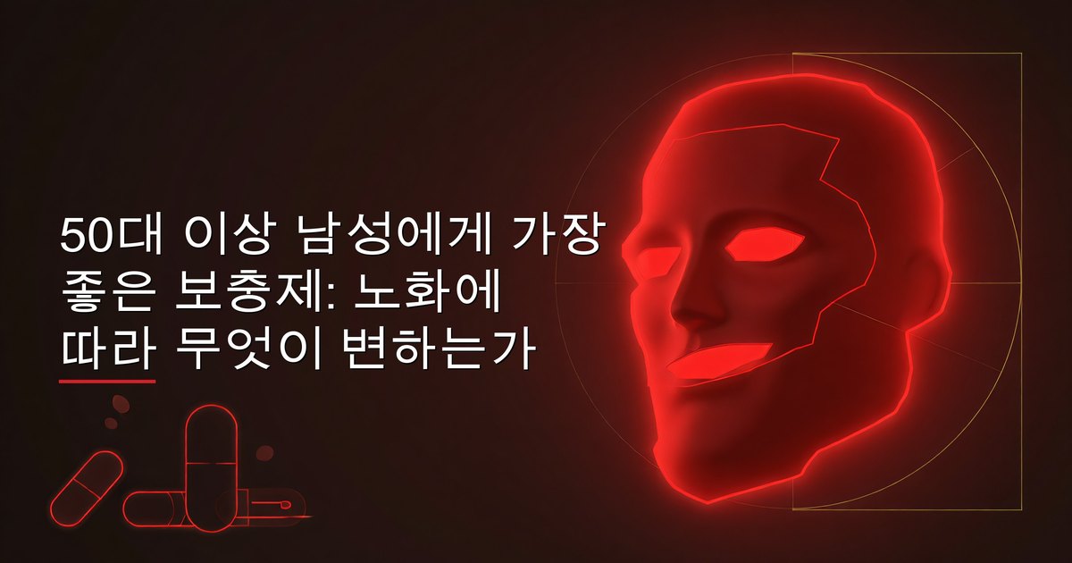 50대 이상 남성용 보충제 — 비타민 D, B12, 오메가-3, 마그네슘, 칼슘, CoQ10이 깨끗한 표면에 배치된 모습