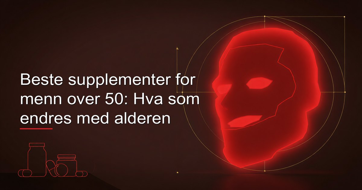 Supplementer for menn over 50 — vitamin D, B12, omega-3, magnesium, kalsium og CoQ10 arrangert på en ren overflate