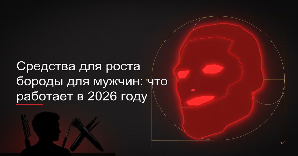 Мужчина рассматривает средства для роста бороды, включая масла, сыворотки и дермароллер