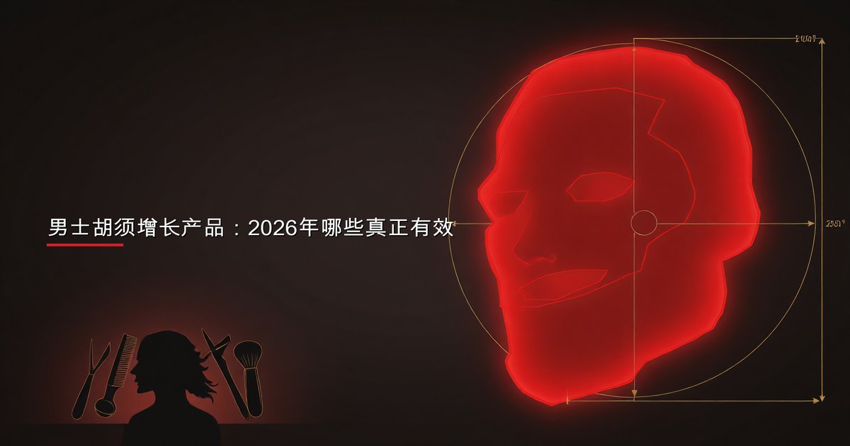男子审视胡须增长产品，包括油类、精华液和微针滚轮