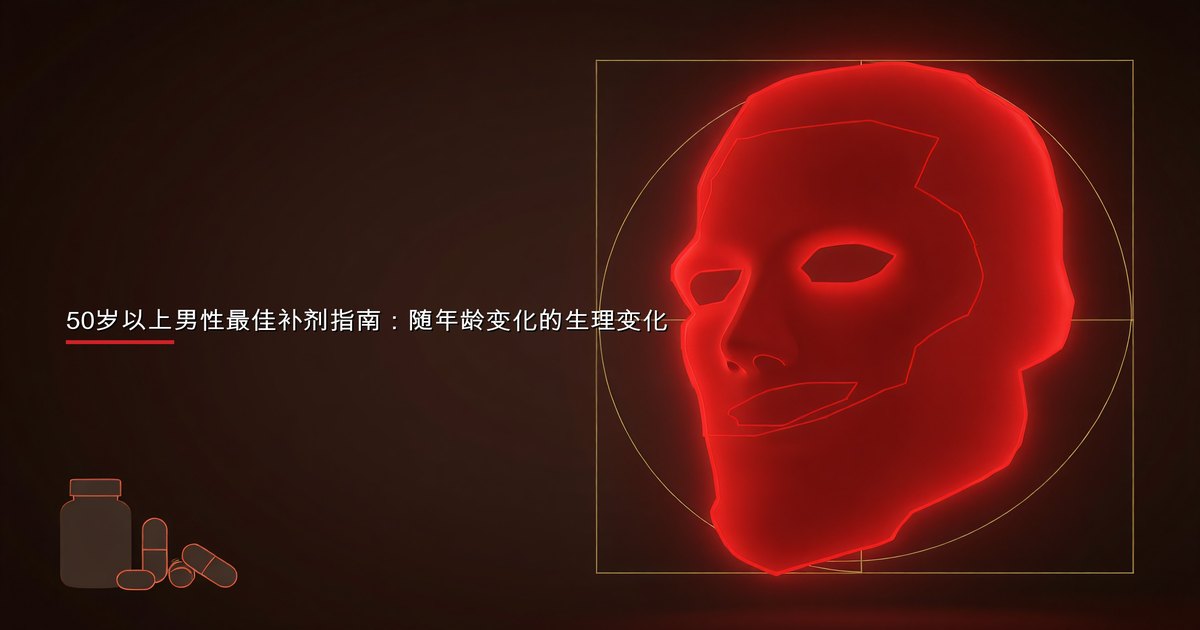 50岁以上男性补剂——维生素D、B12、omega-3、镁、钙和辅酶Q10整齐排列在干净表面上